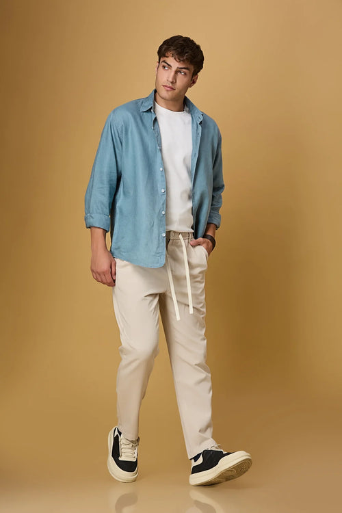 LOFA  beige comfort fit trousers styled for men – breathable and all-season look.