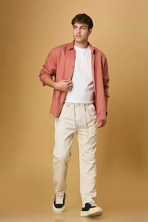 LOFA beige Tencel-cotton trousers styled for men – comfort fit and casual elegance.