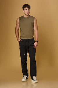 LOFA black comfort fit trousers styled for men – stretchable and casual look.