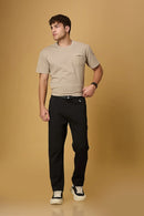 Full outfit look with LOFA Black straight fit trousers and built-in belt – styled for a refined office or formal look.