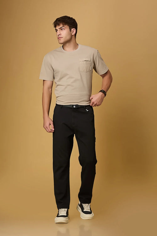Full outfit look with LOFA Black straight fit trousers and built-in belt – styled for a refined office or formal look.