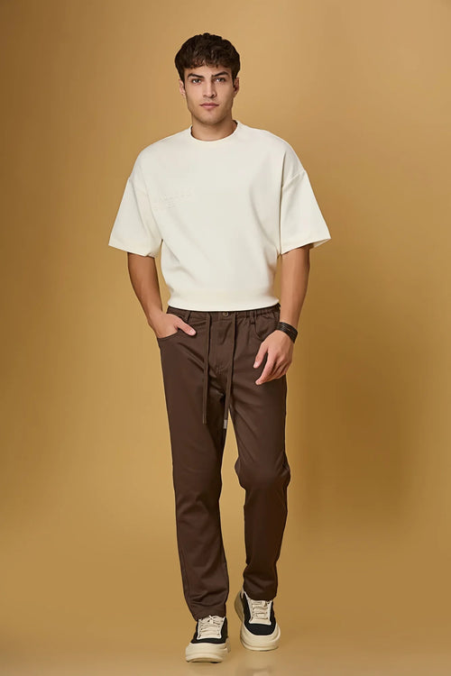 LOFA Coffee Brown comfort fit trousers styled for men – casual and stretchable look.