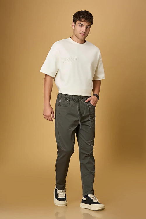 LOFA grey comfort fit trousers styled for men – casual and stretchable look.