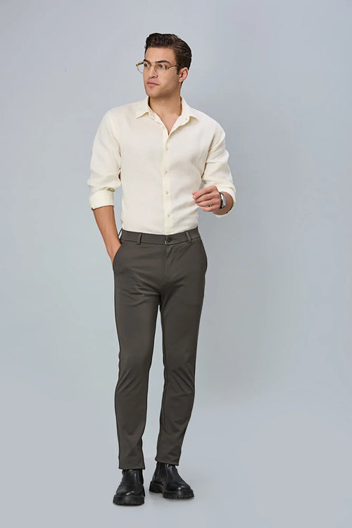 Model wearing LOFA Grey slim fit formal trousers – modern stretch comfort and timeless design for men’s formal wear.