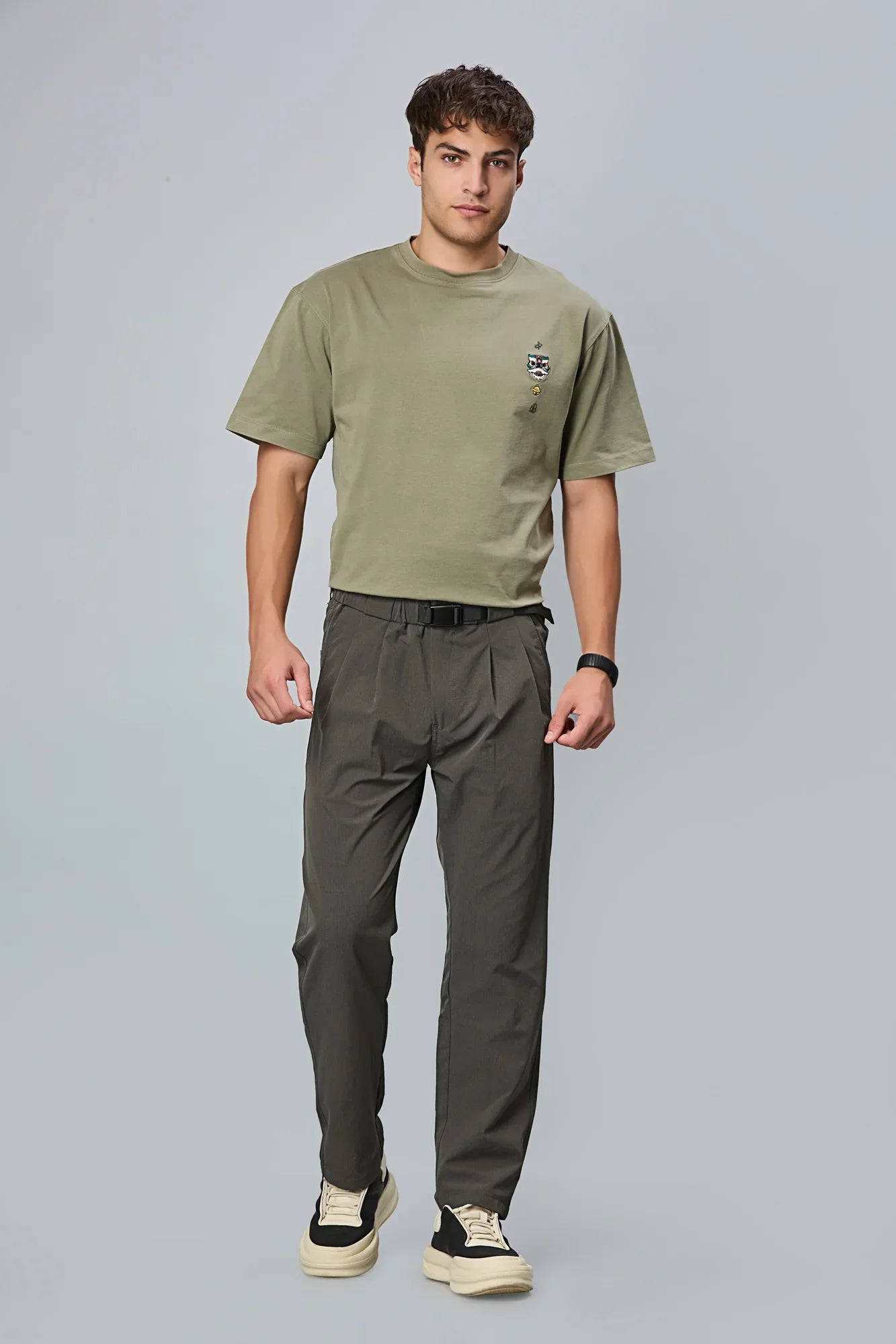 LOFA grey comfort fit trousers styled for men – stretchable and refined look.