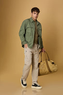 LOFA khaki comfort fit trousers styled for men – stretchable and casual look.
