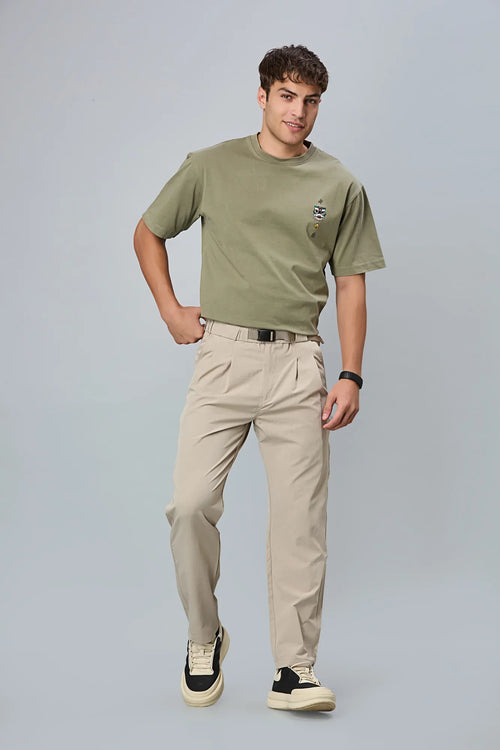 LOFA khaki comfort fit trousers styled for men – stretchable and refined look.