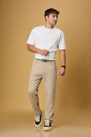 Full outfit look with LOFA Light Khaki straight fit trousers and built-in belt – styled for a refined office or formal look.