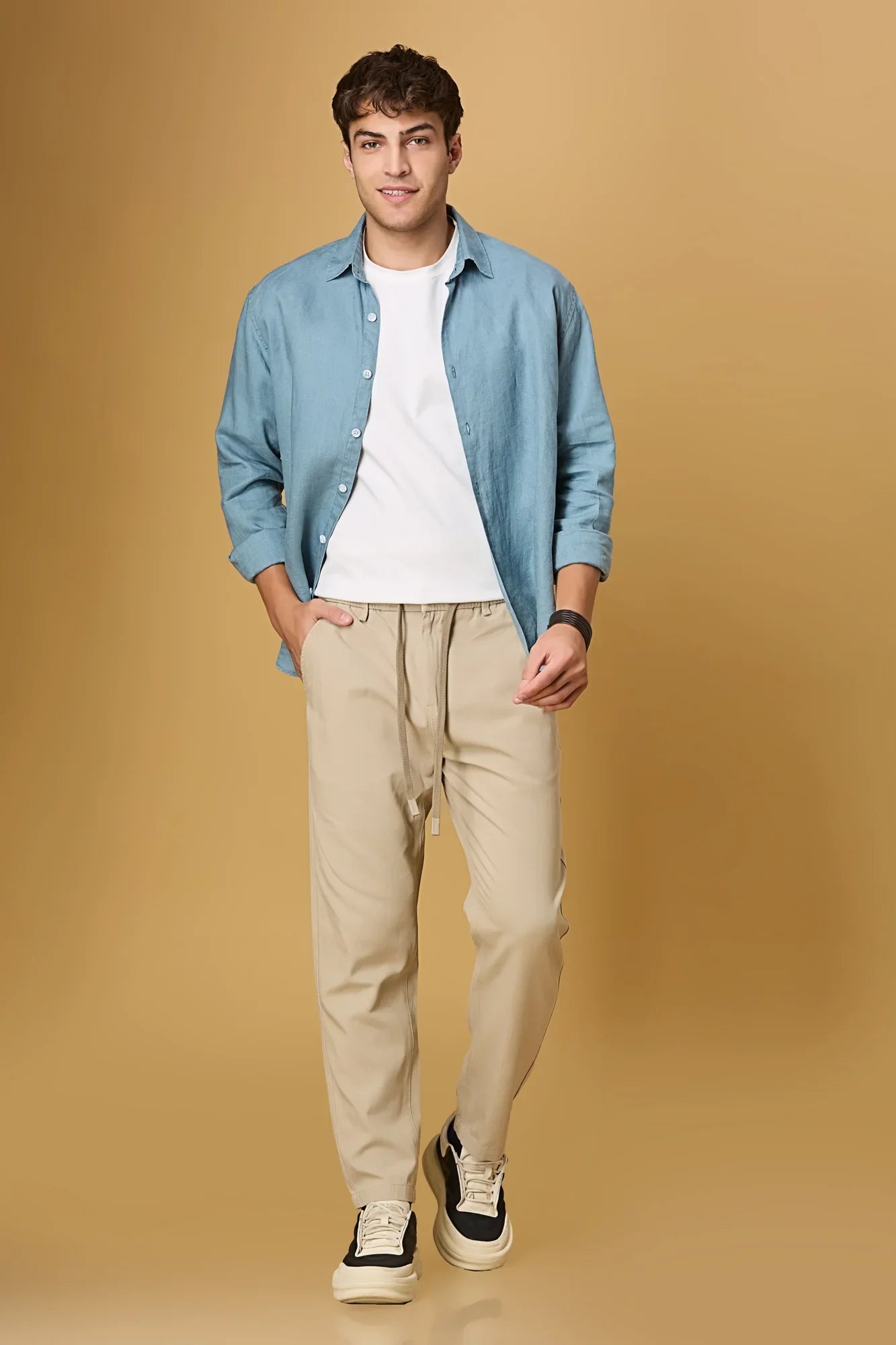 LOFA light khaki comfort fit trousers styled for men – breathable and all-season look.