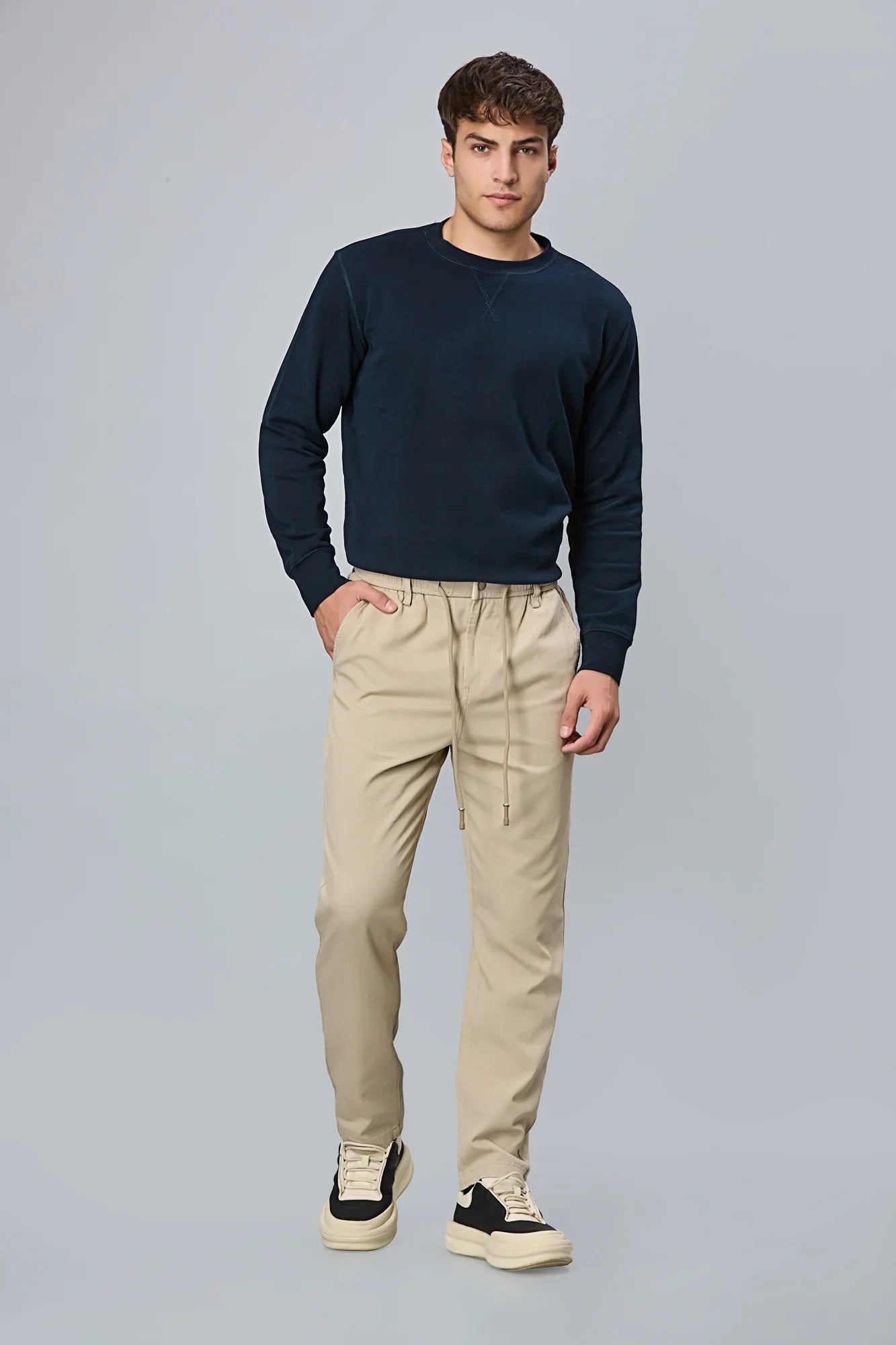 LOFA Men’s Light Khaki Cotton-Tencel Comfort Fit Trousers Styled Full Look