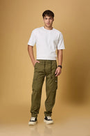 LOFA Mehndi Green cargo pants styled for men – casual and versatile everyday look.
