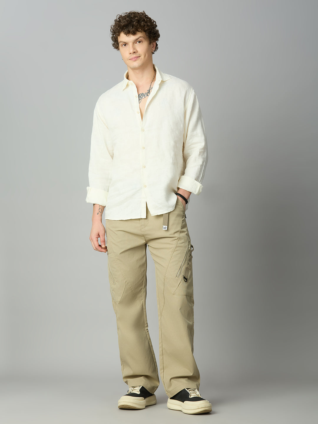 Men's premium baggy Tencel cargo pants styled with streetwear outfit for a modern utility look