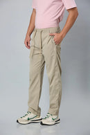 Side View of LOFA khaki Comfort Fit Polyester Trousers with Waist Strings