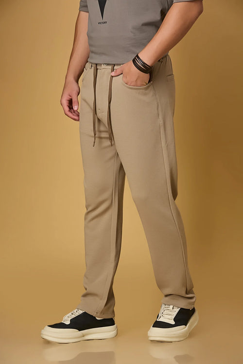 Side View of Khaki Relaxed Fit Trousers with Waist String – LOFA