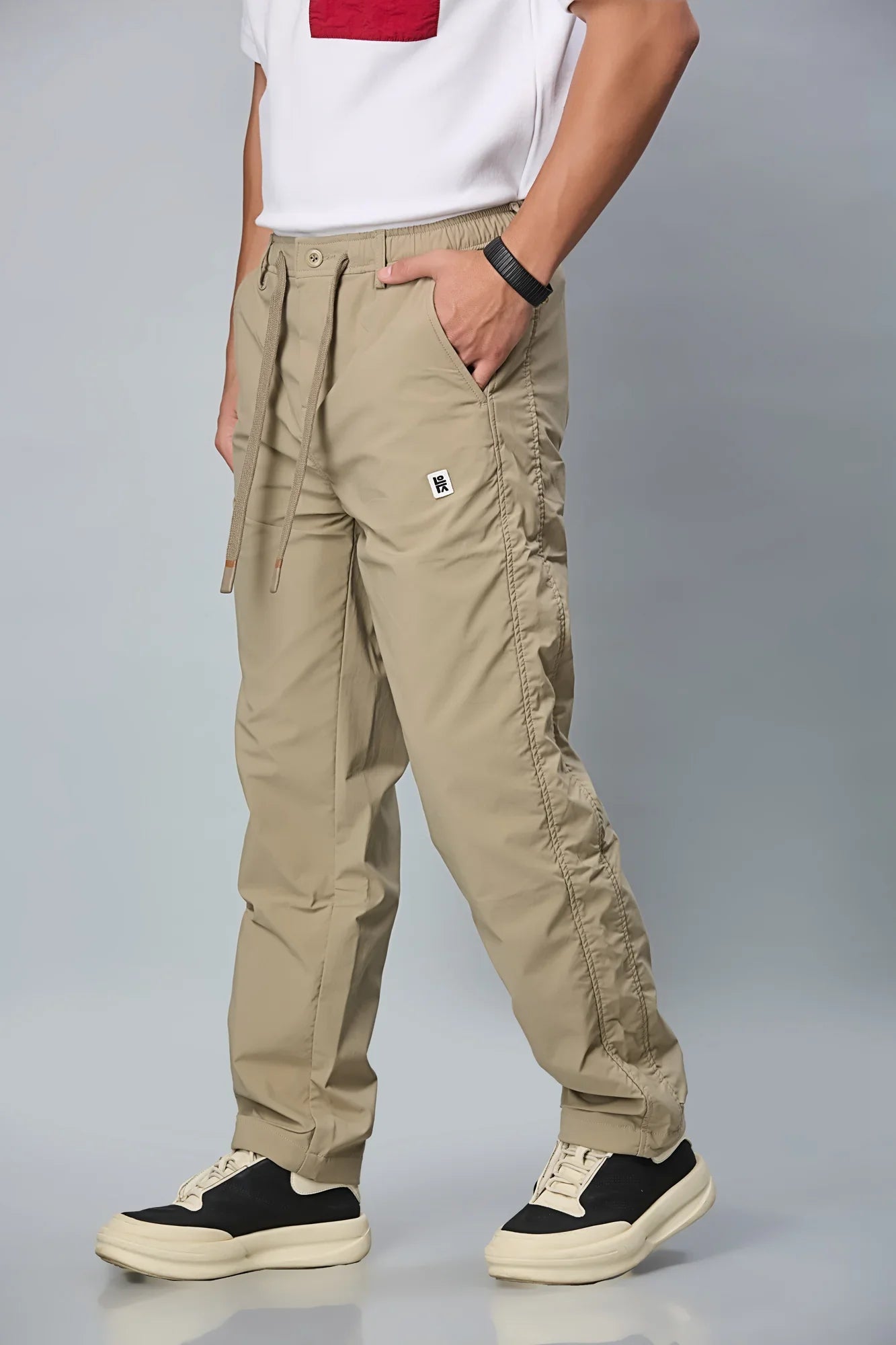 Side View of LOFA Khaki Comfort Fit Trousers with Waist String