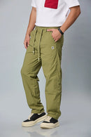 Side View of LOFA Mehndi Green Comfort Fit Trousers with Waist String