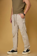 Khaki stretchable trousers side view showing two side pockets and relaxed fit.