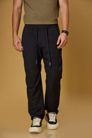 Men’s Navy Blue polyester pants front view – comfort fit stretchable trousers with waist strings.