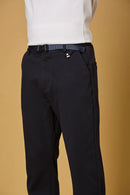 Close-up of navy blue Tencel cotton spandex fabric and belt detail – smooth stretch texture of LOFA men’s formal trousers.