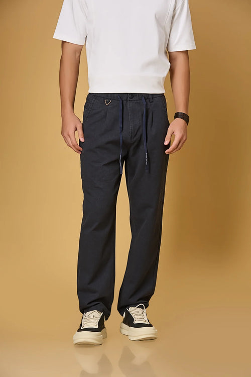 Men’s navy blue Tencel-cotton trousers front view – comfort fit with waist string and triangle ring.