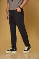 Side View of Navy Blue Relaxed Fit Trousers with Waist String – LOFA