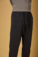 Waist String & Fabric Texture Detail on LOFA Men’s Navy Blue 4-Way Stretch Trousers