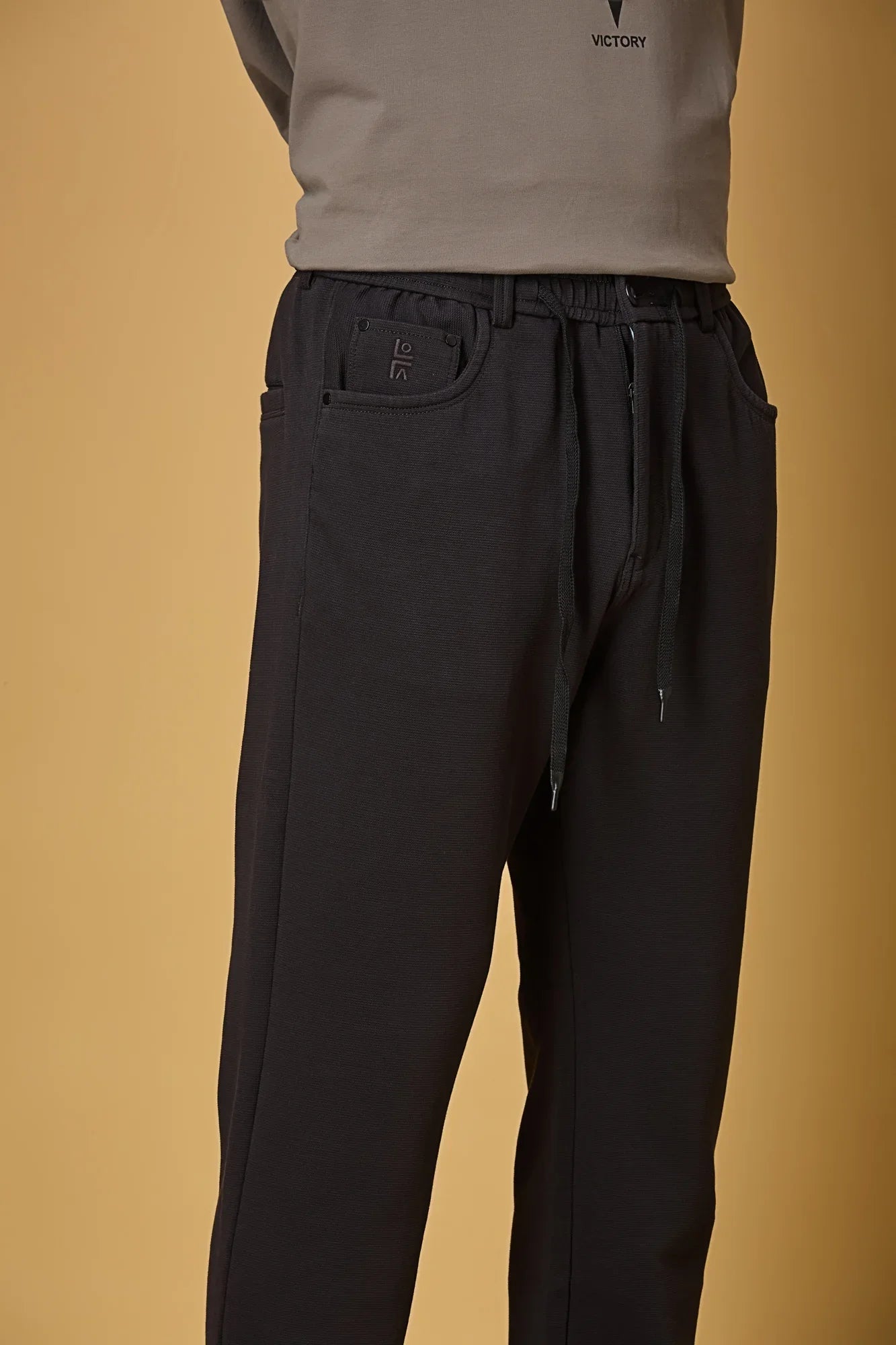 Waist String & Fabric Texture Detail on LOFA Men’s Navy Blue 4-Way Stretch Trousers