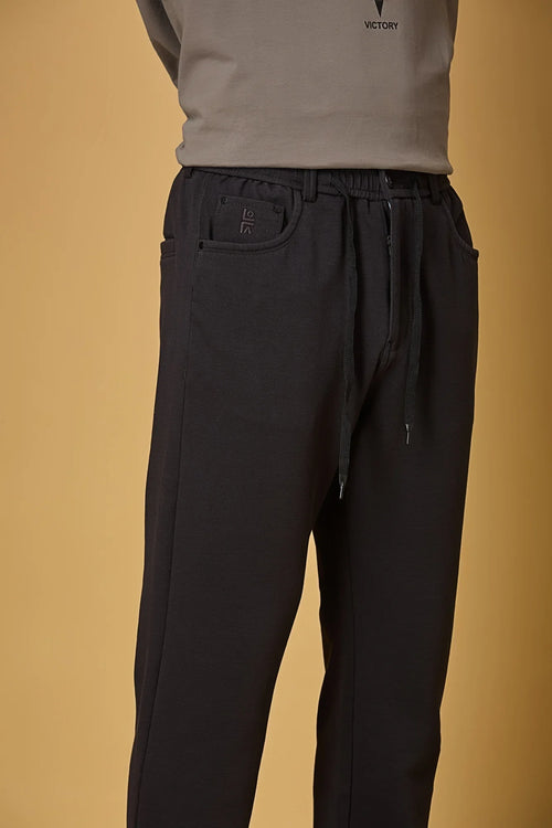 Waist String & Fabric Texture Detail on LOFA Men’s Navy Blue 4-Way Stretch Trousers