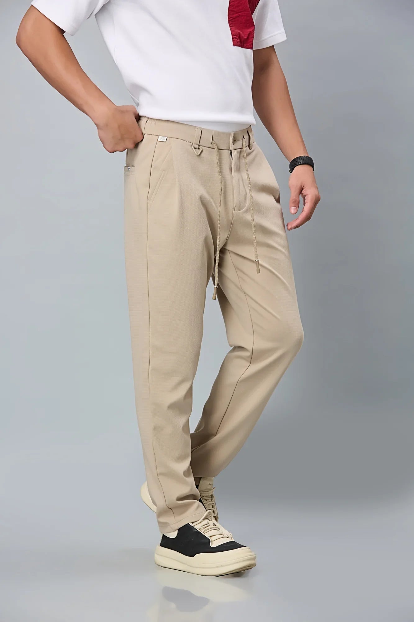 Side View of khaki Relaxed Fit Stretchable Trousers with Waist String – LOFA