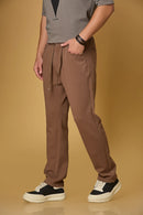 Side View of Coffee Brown Relaxed Fit Trousers with Waist String – LOFA