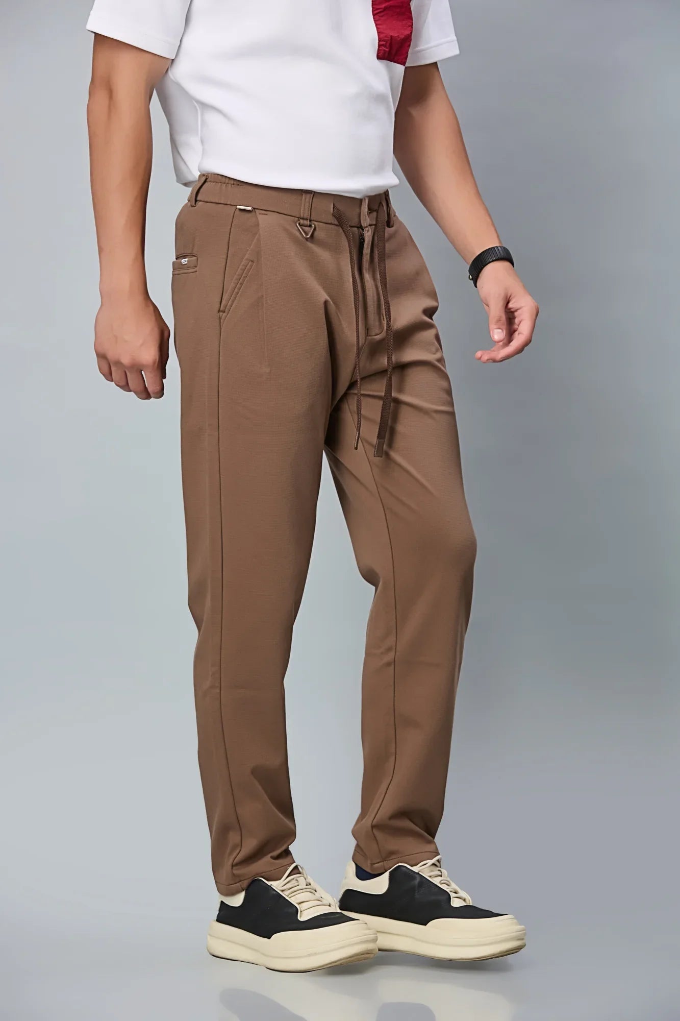 Side View of Coffee Brown Relaxed Fit Stretchable Trousers with Waist String – LOFA