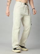 Men's premium Tencel cargo pants featuring utility pockets and relaxed baggy fit – left side view