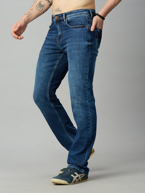 Premium blue straight fit stretch denim jeans for men with a medium blue wash – left side view