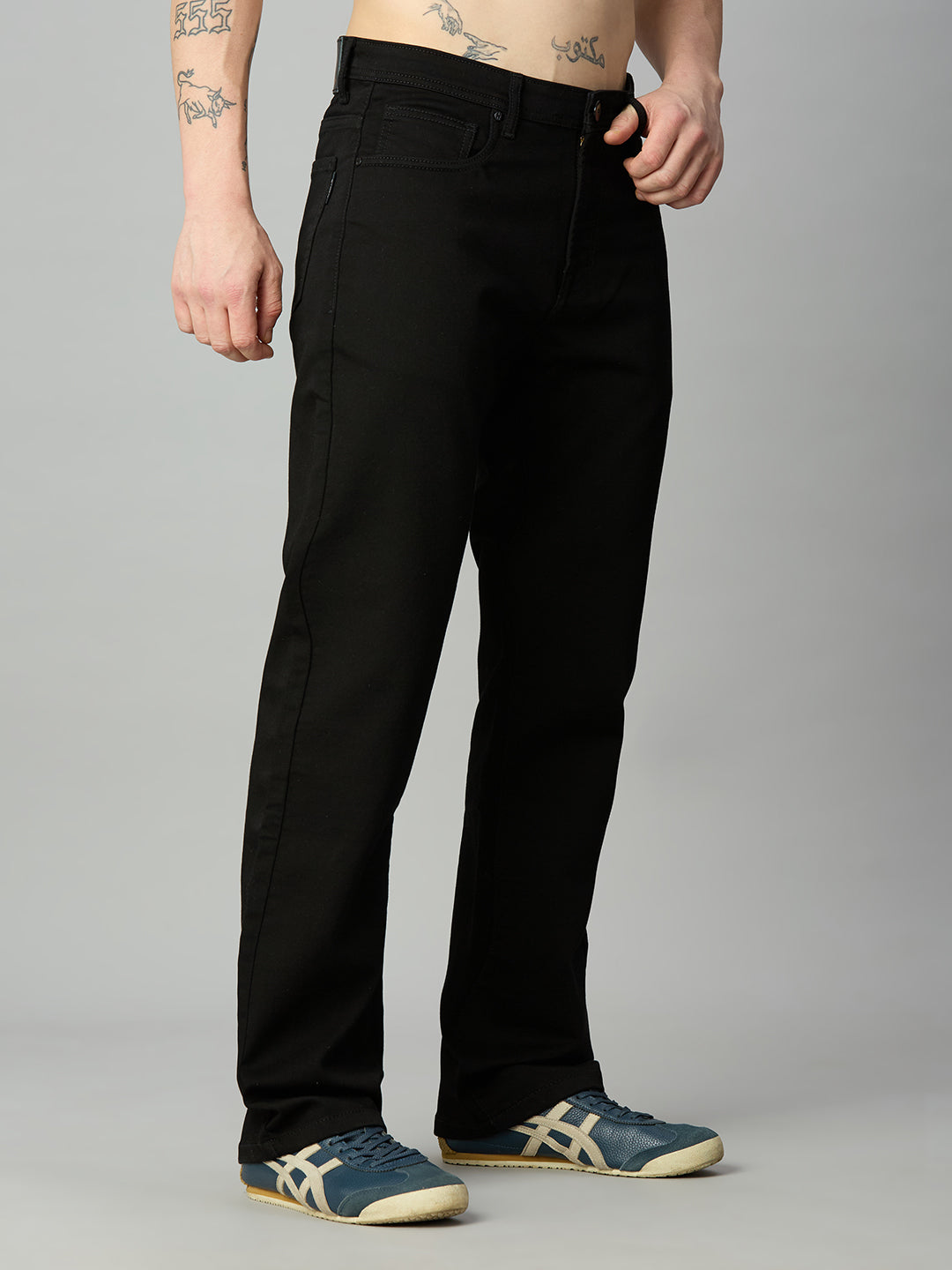 Premium black straight fit stretch jeans for men with a clean minimalist design – left side view
