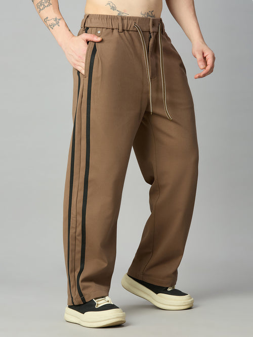 Men's relaxed fit cotton-Tencel smart pants with contrast side stripes – left side profile