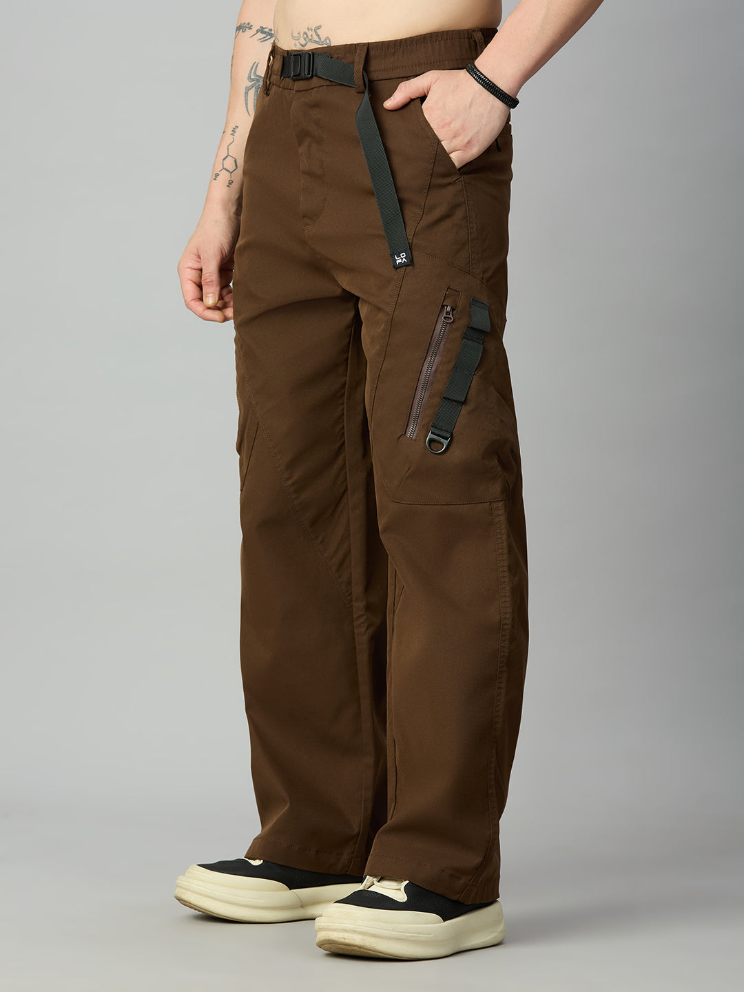 Men's premium Tencel cargo pants featuring utility pockets and relaxed baggy fit – left side view