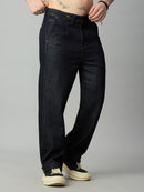 Premium deep blue baggy jeans for men with adjustable side waist tabs – left side view