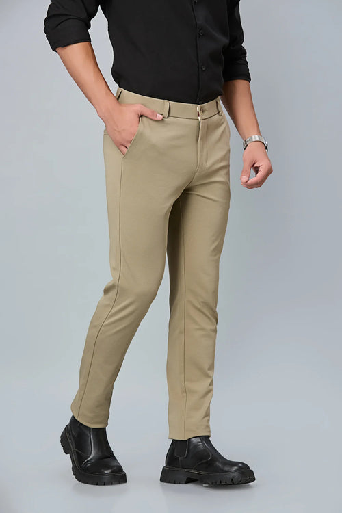 Side view of khaki slim fit formal trousers for men – LOFA comfort stretch design with wrinkle-resistant fabric.
