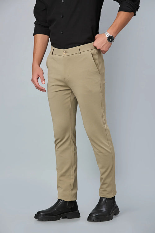 Side view of khaki slim fit formal trousers for men – LOFA comfort stretch design with wrinkle-resistant fabric.