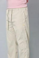Waist String Detail on LOFA Men’s Cream Comfort Fit Stretchable Activewear Trousers