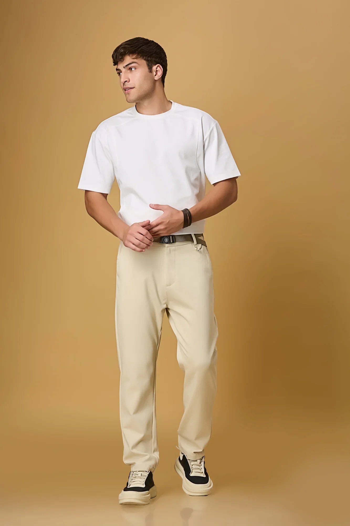 Model wearing LOFA beige straight fit stretchable trousers – effortless comfort and timeless style for modern professionals.
