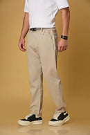 Side view of Light Khaki straight fit casual trousers for men – LOFA stretchable Tencel cotton spandex blend with belt detail.