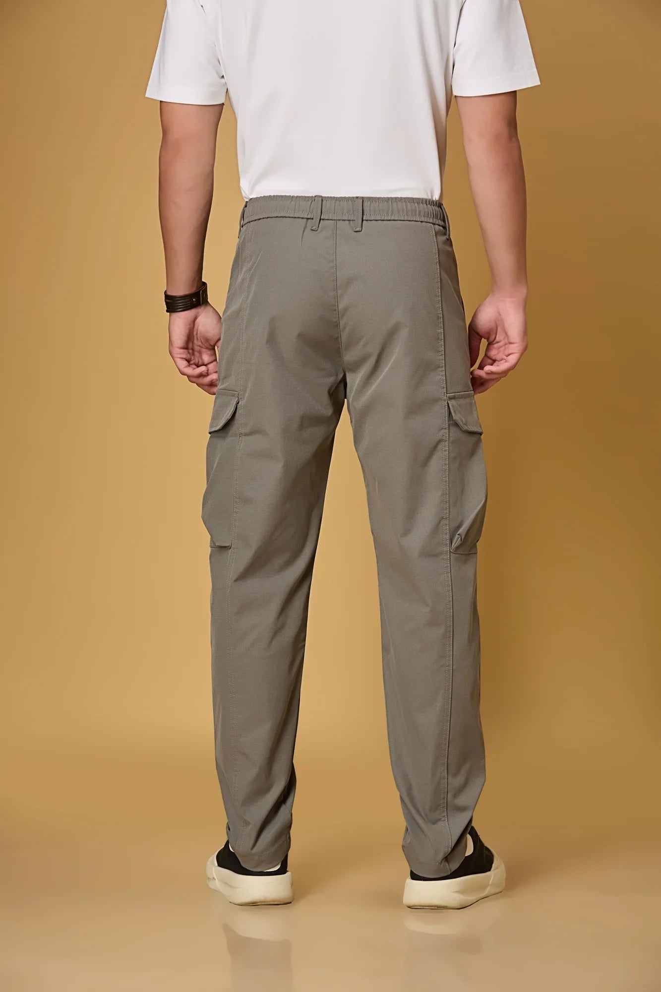 Men’s grey trousers back view – casual fit polyester pants.