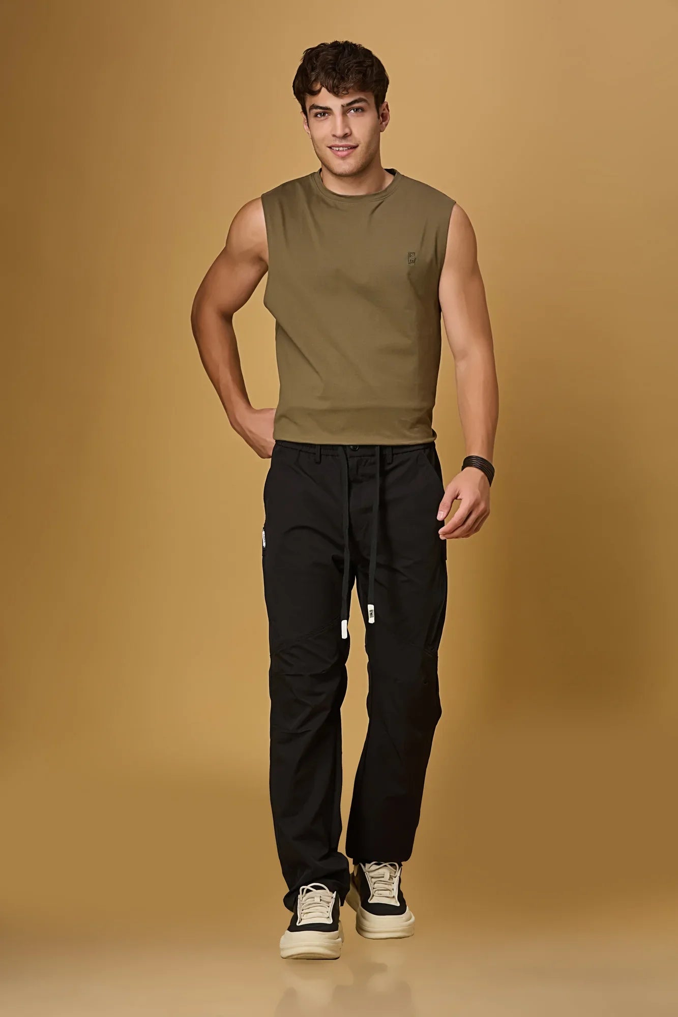 Men wearing LOFA black polyester pants – relaxed and stylish everyday outfit.