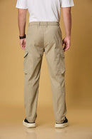 Men’s Khaki cargo trousers back view – casual fit polyester pants.