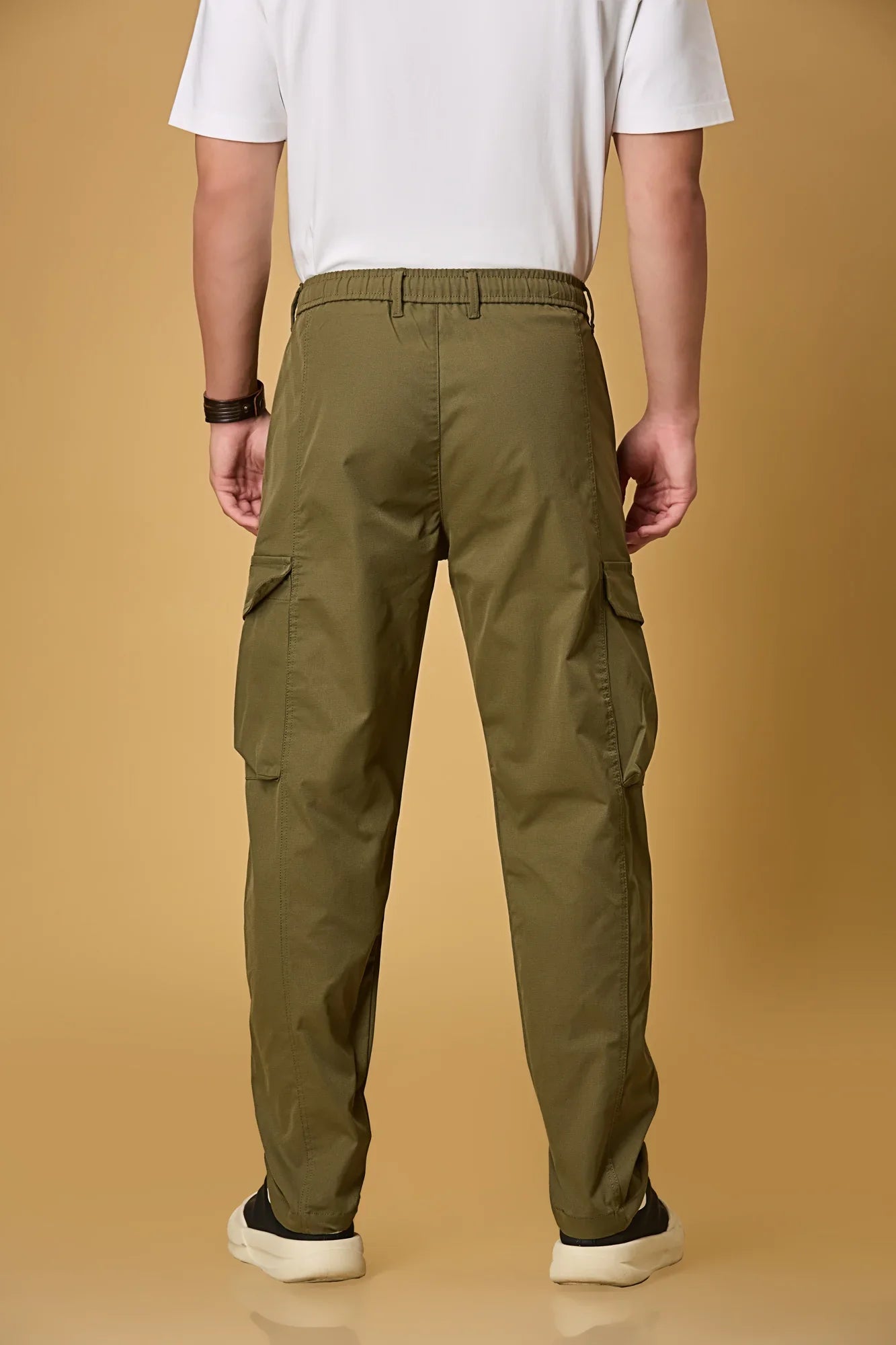 Men’s Mehndi Green cargo trousers back view – casual fit polyester pants.