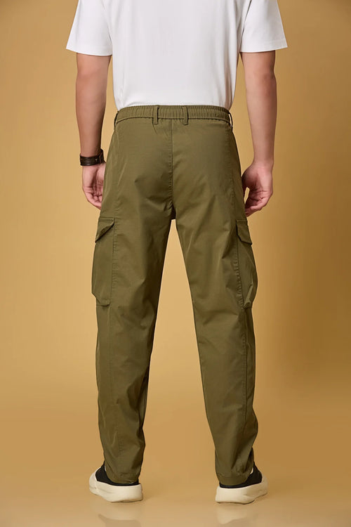Men’s Mehndi Green cargo trousers back view – casual fit polyester pants.