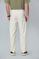 Men’s beige formal trousers back view – 100% polyester with elastic waist.