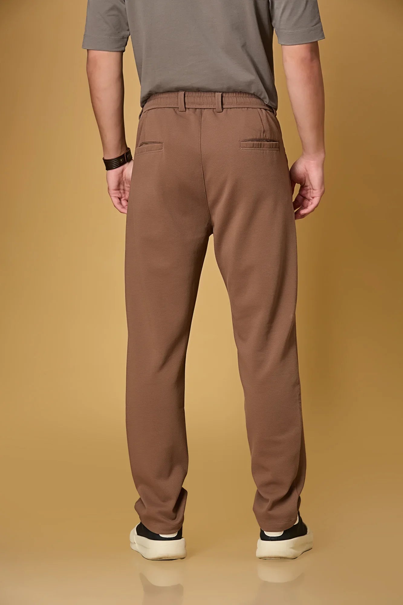 Back View of LOFA Men’s Coffee Brown 4-Way Stretch Trousers – Casual Comfort Wear
