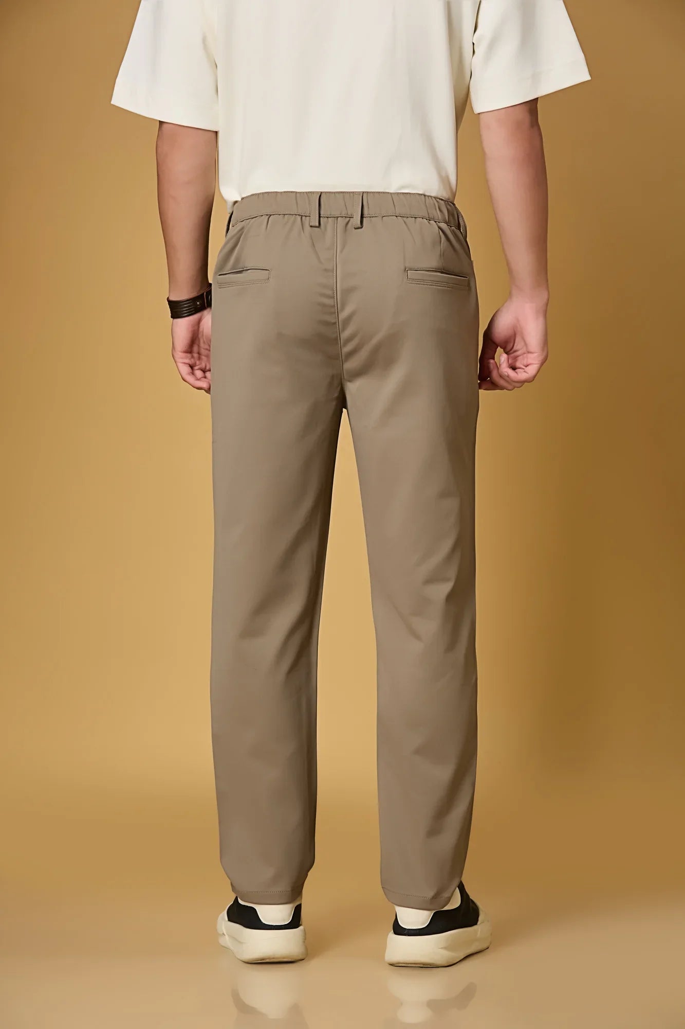 Men’s Dark Khaki casual trousers back view – smooth polyester comfort fabric.